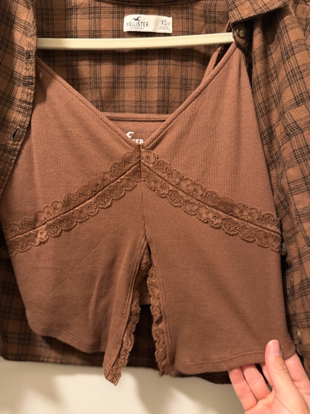 Hollister Women's Ribbed Lace-Trim Cami in Brown